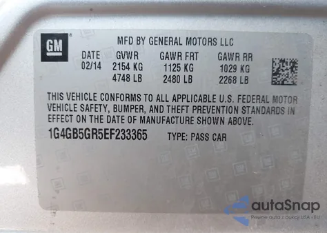 2014 Buick Lacrosse Leather Group z USA, uszkodzony, nr VIN 1G4GB5GR5EF233365